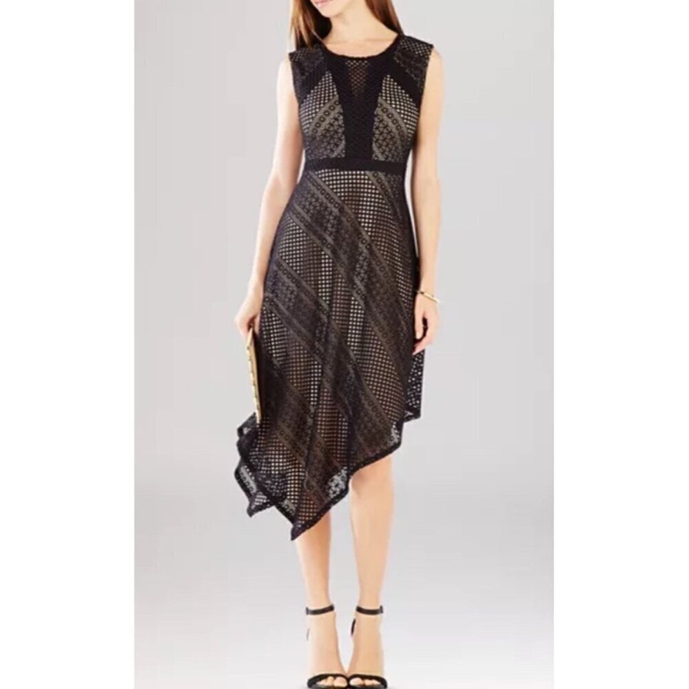 BCBG MaxAzria Tracie Asymmetric Black Lace Overlay Tan Dress Sz M Whimsygoth